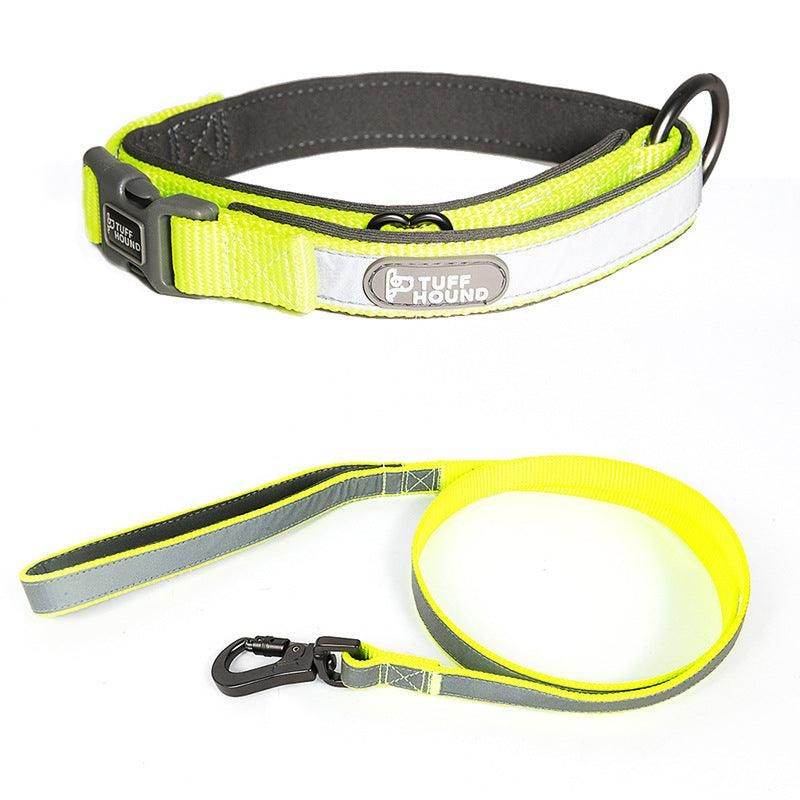 Stylish reflective pet collar in bright yellow with adjustable buckle and matching leash by Purrfect Pet Kingdom
