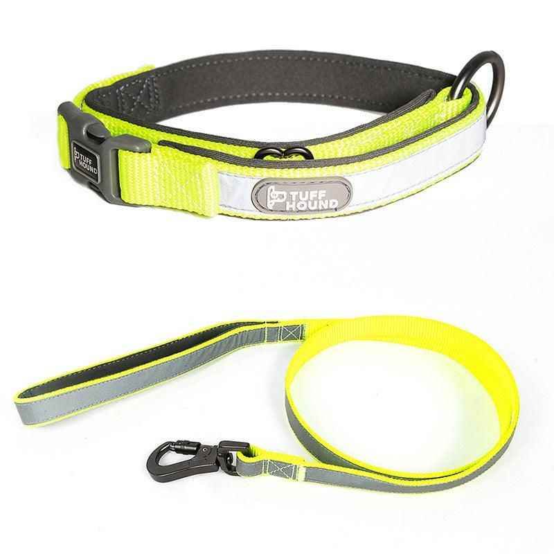Stylish reflective pet collar in bright yellow with padded inner lining and matching leash set