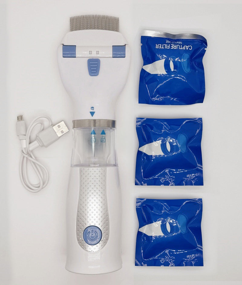 Electric pet flea comb with USB charger and three replacement filters for effective flea removal