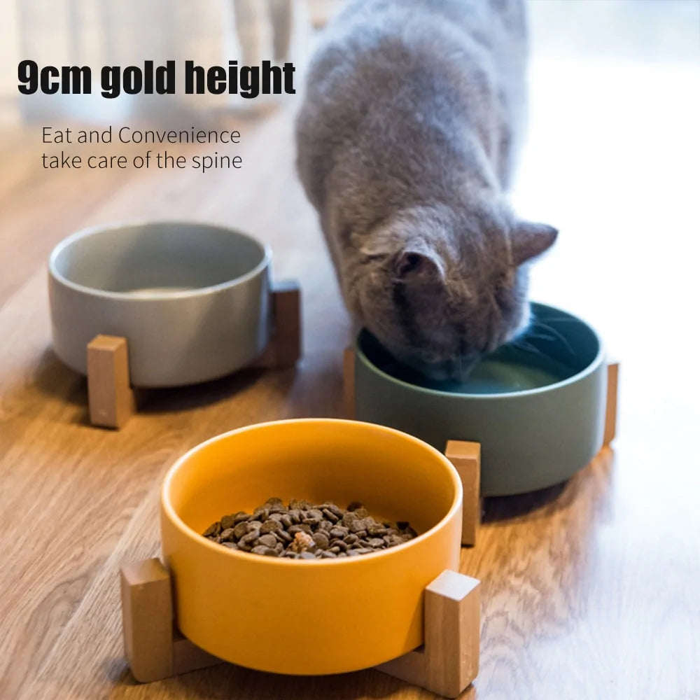Ceramic Raised Cat Bowl w/ Wood Stand - Ameraeon