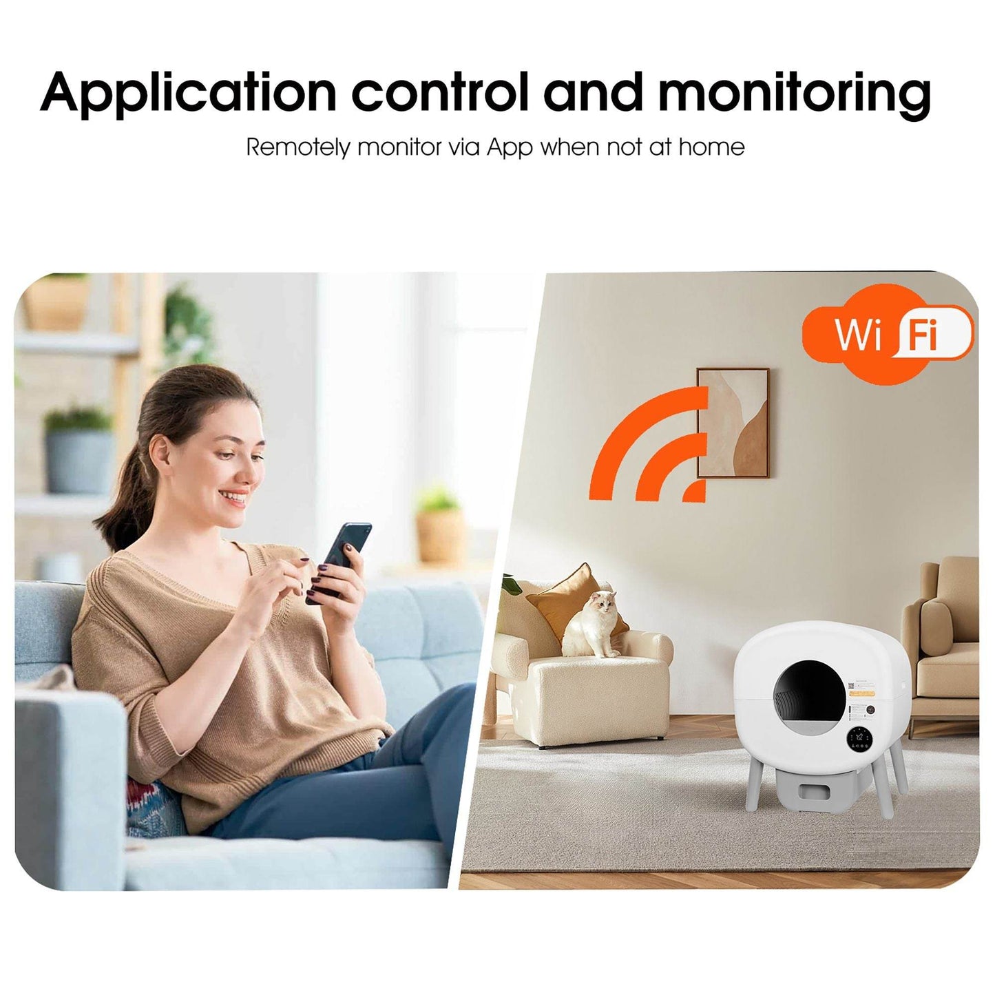 Woman controlling Purrfect Pet Kingdom automatic self-cleaning cat litter box remotely via app with WiFi