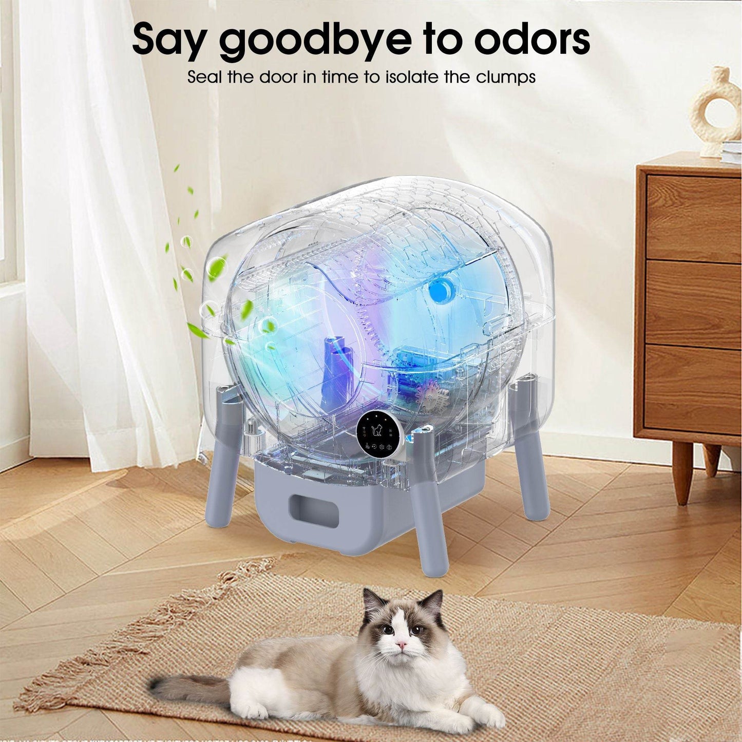 Purrfect Pet Kingdom automatic self-cleaning cat litter box with odor sealing door and digital display in living room