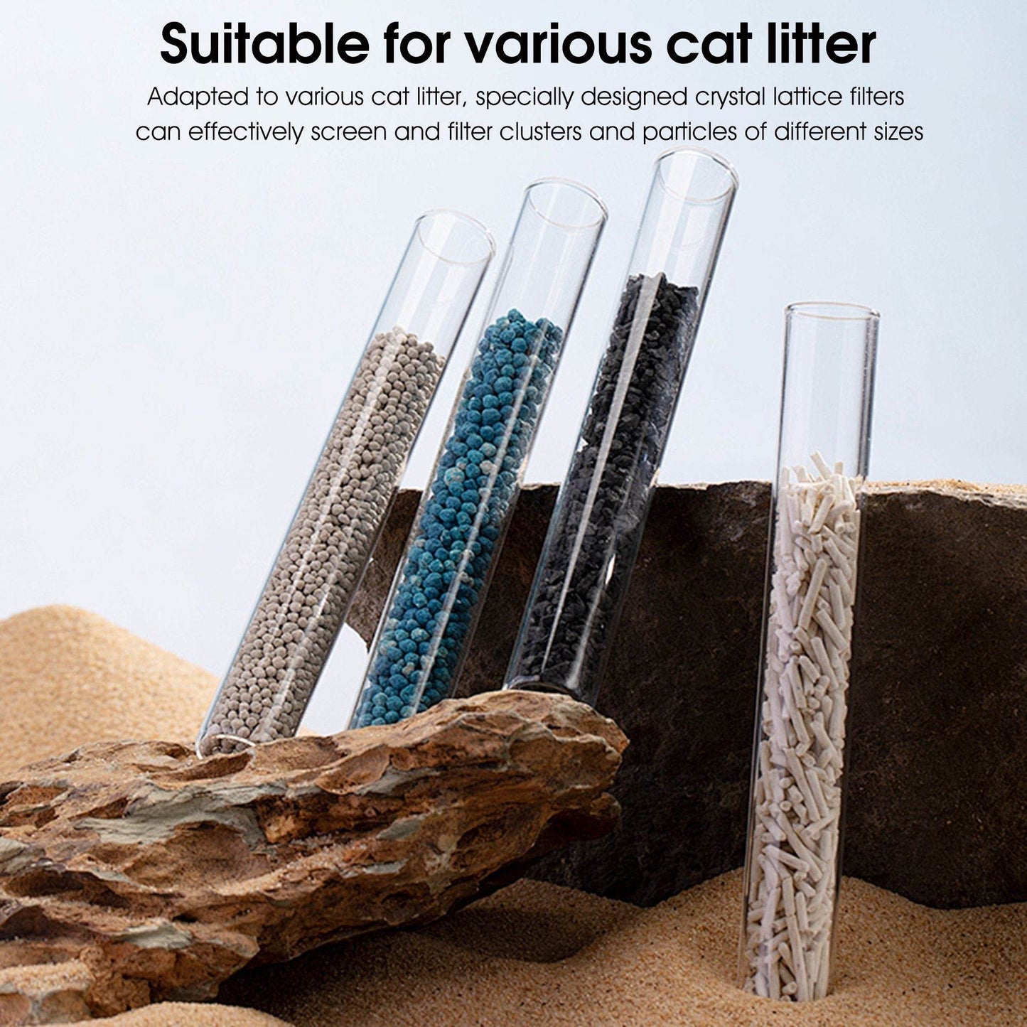 Test tubes showing various cat litter types suitable for automatic self cleaning cat litter box by Purrfect Pet Kingdom