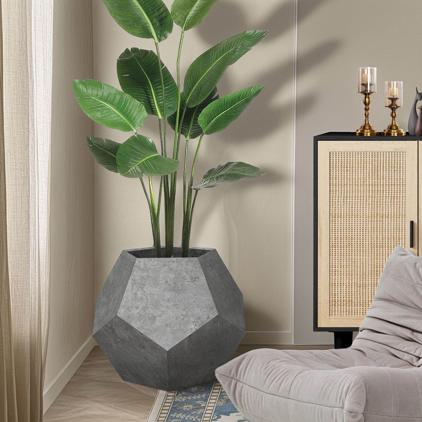 Modern cat kennel side table with woven front panel next to gray cozy cat bed from Purrfect Pet Kingdom