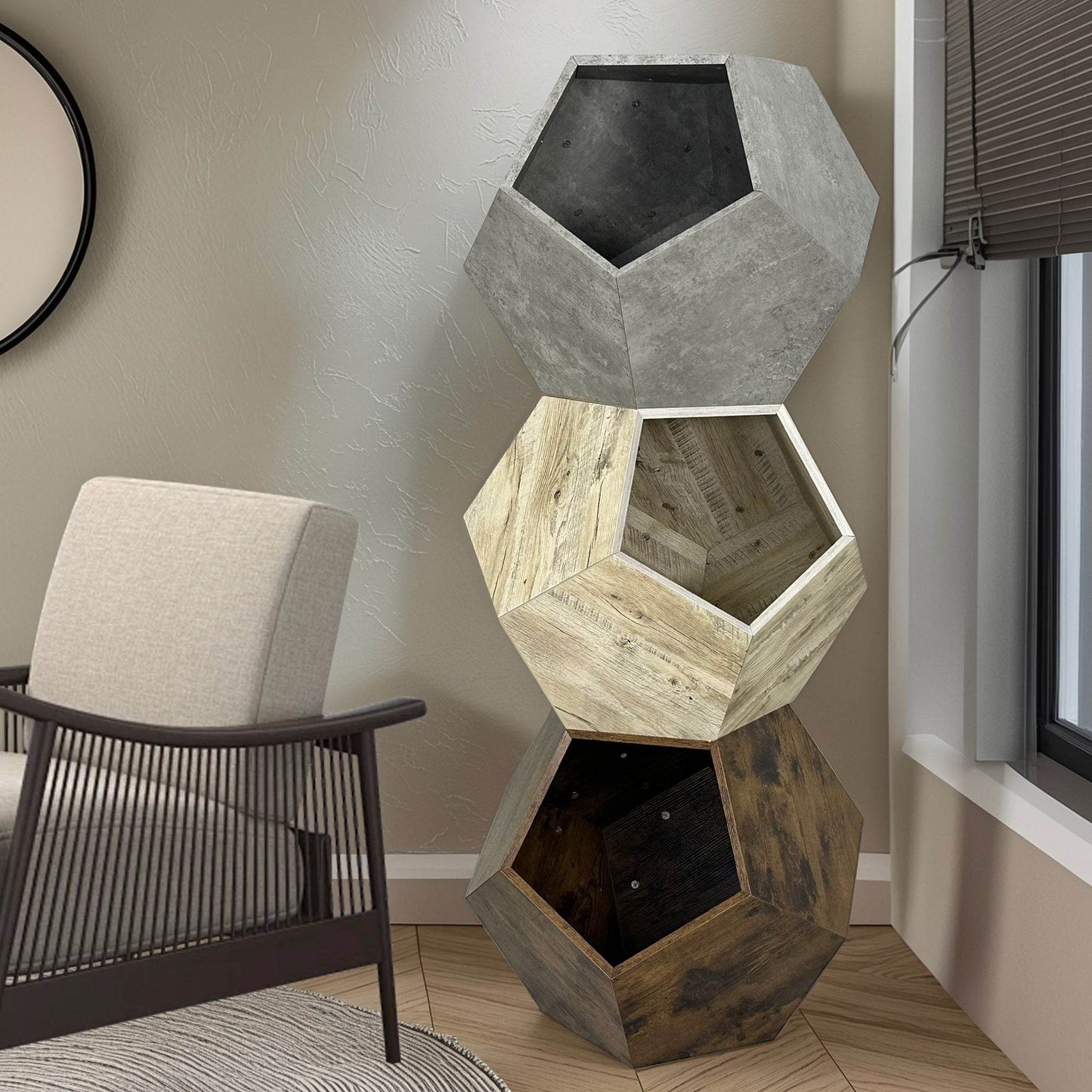 Purrfect Pet Kingdom cat kennel side table with three geometric cubed cozy cat beds in wood and concrete finish
