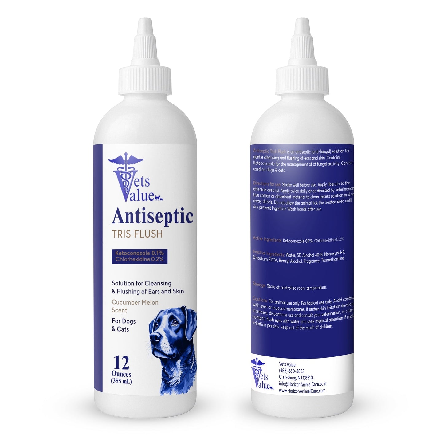 Horizon Animal Care Antiseptic Tris Flush for Dogs and Cats, a veterinary ear flush for dogs and cats.
