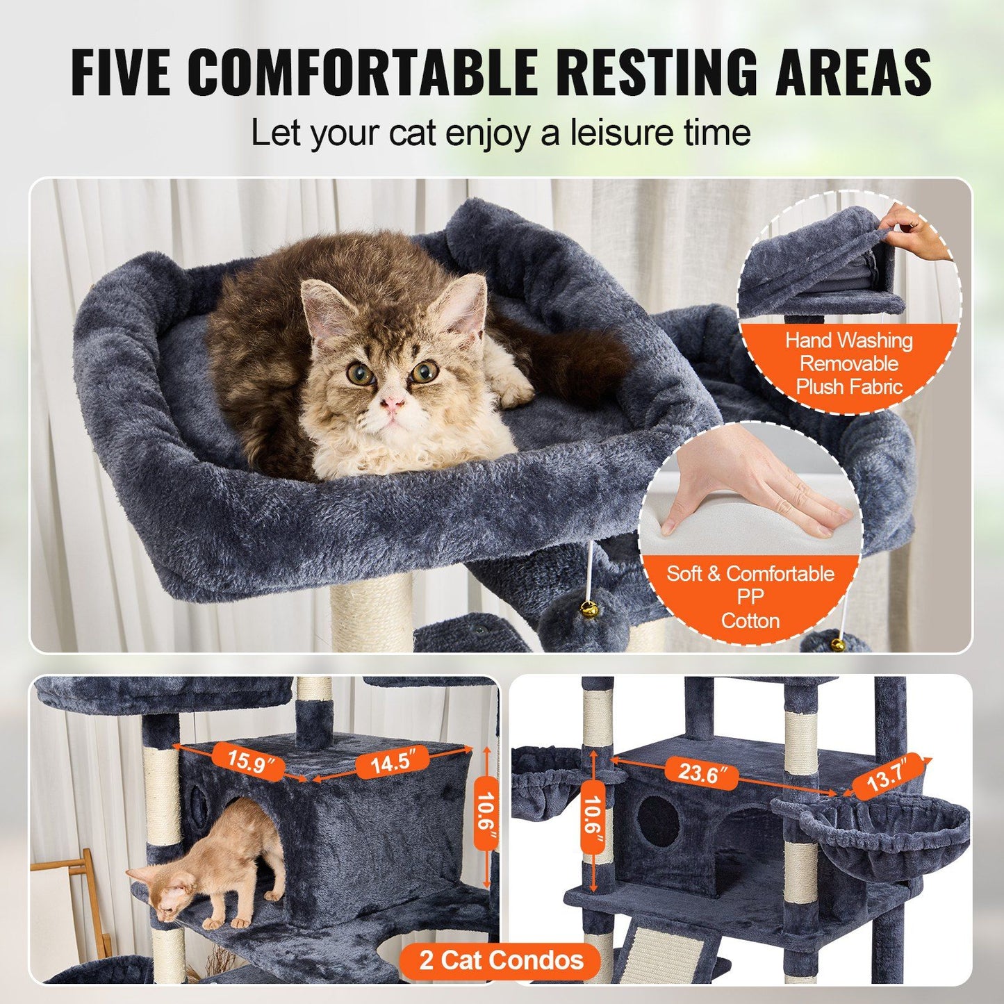 Purrfect Pet Kingdom cat tree with scratching posts featuring five comfortable resting areas and removable plush fabric
