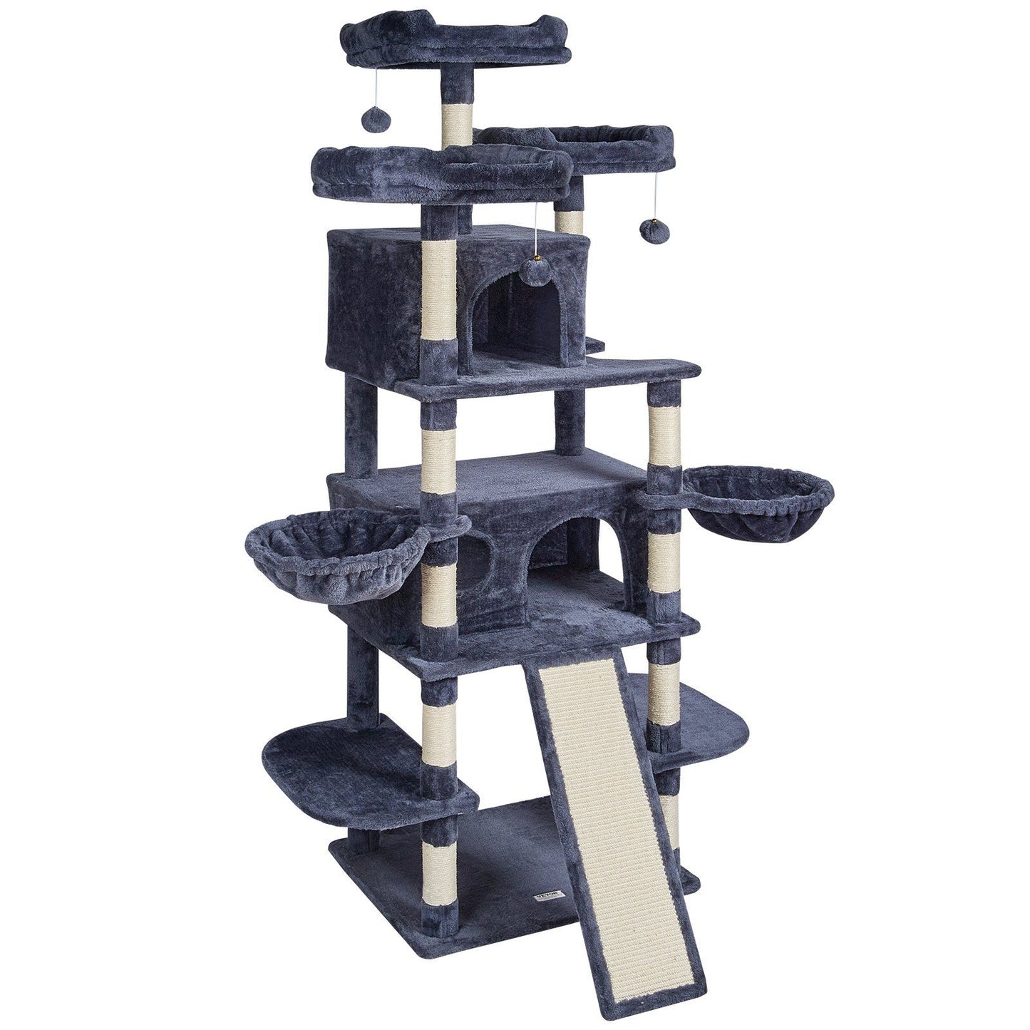 Purrfect Pet Kingdom cat tree with scratching posts in dark gray featuring multiple platforms and cozy hideouts