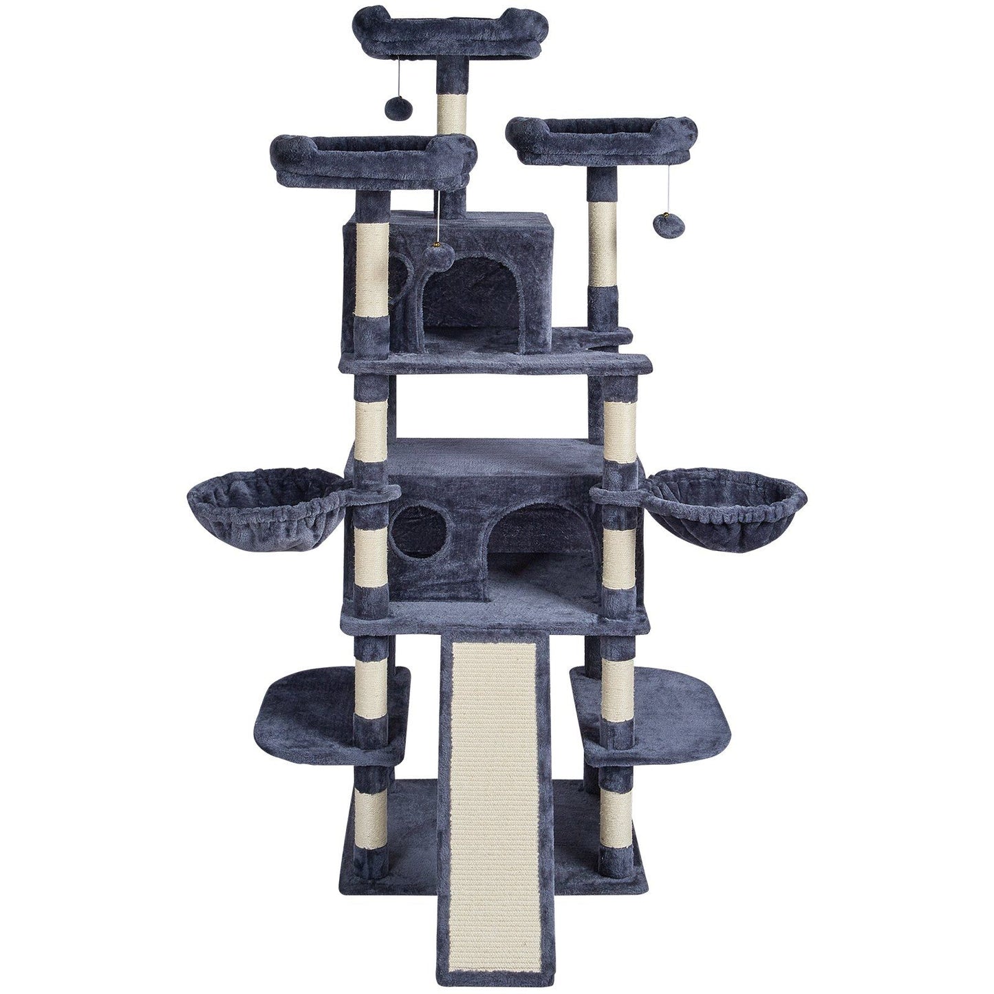 Purrfect Pet Kingdom cat tree with scratching posts in gray featuring multiple platforms and cozy hideouts