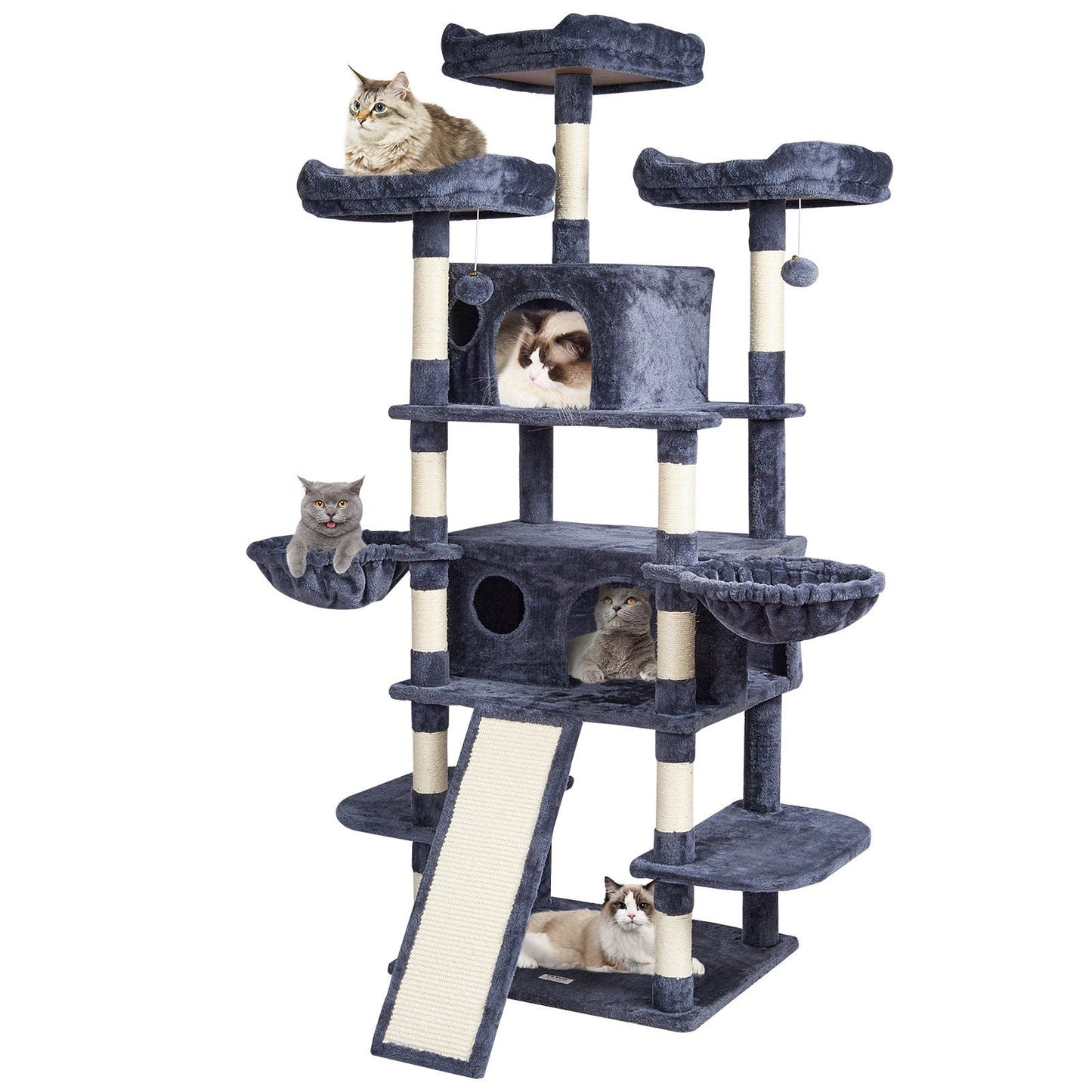 Purrfect Pet Kingdom cat tree with scratching posts in gray featuring multiple platforms and cozy resting spots
