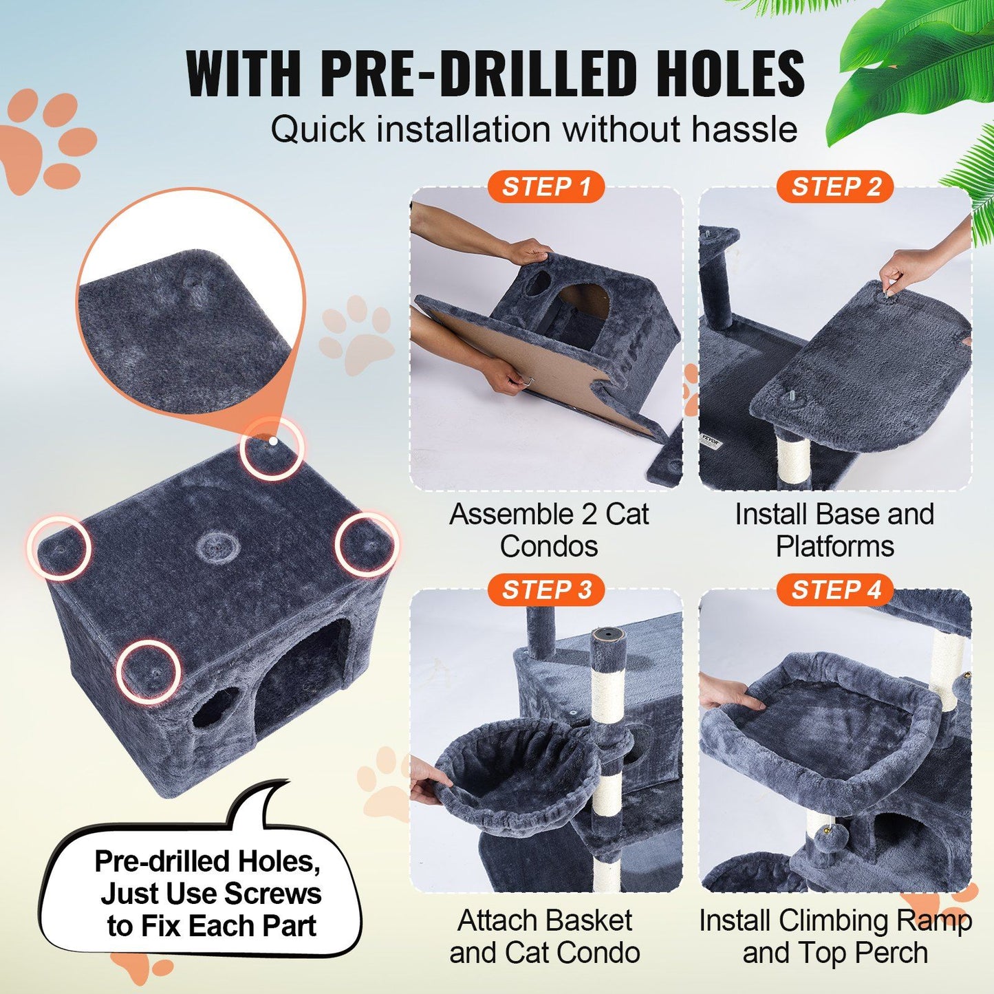 Purrfect Pet Kingdom cat tree with scratching posts showing pre-drilled holes for easy step-by-step assembly