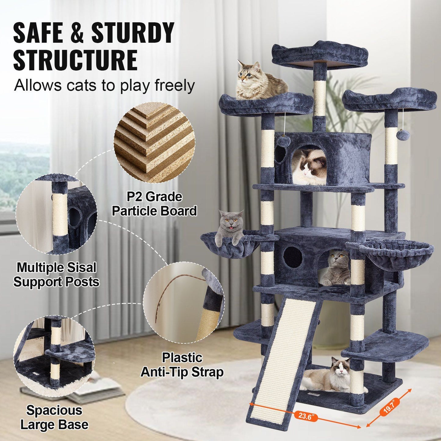Purrfect Pet Kingdom cat tree with scratching posts featuring safe sturdy structure and multiple sisal support posts