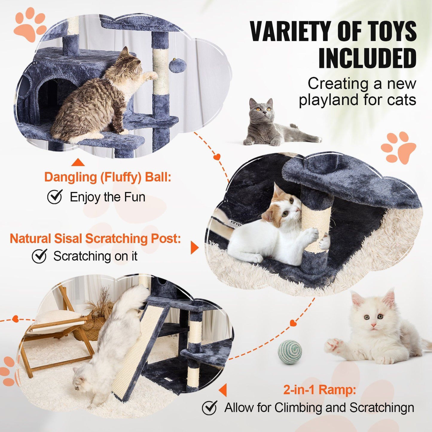 Purrfect Pet Kingdom cat tree with scratching posts featuring sisal scratching post, dangling fluffy ball, and 2-in-1 ramp
