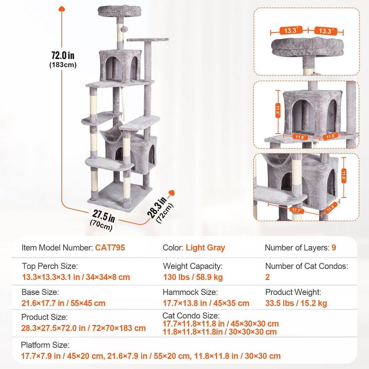Purrfect Pet Kingdom light gray multi-level cat tree tower with nine layers and two cat condos