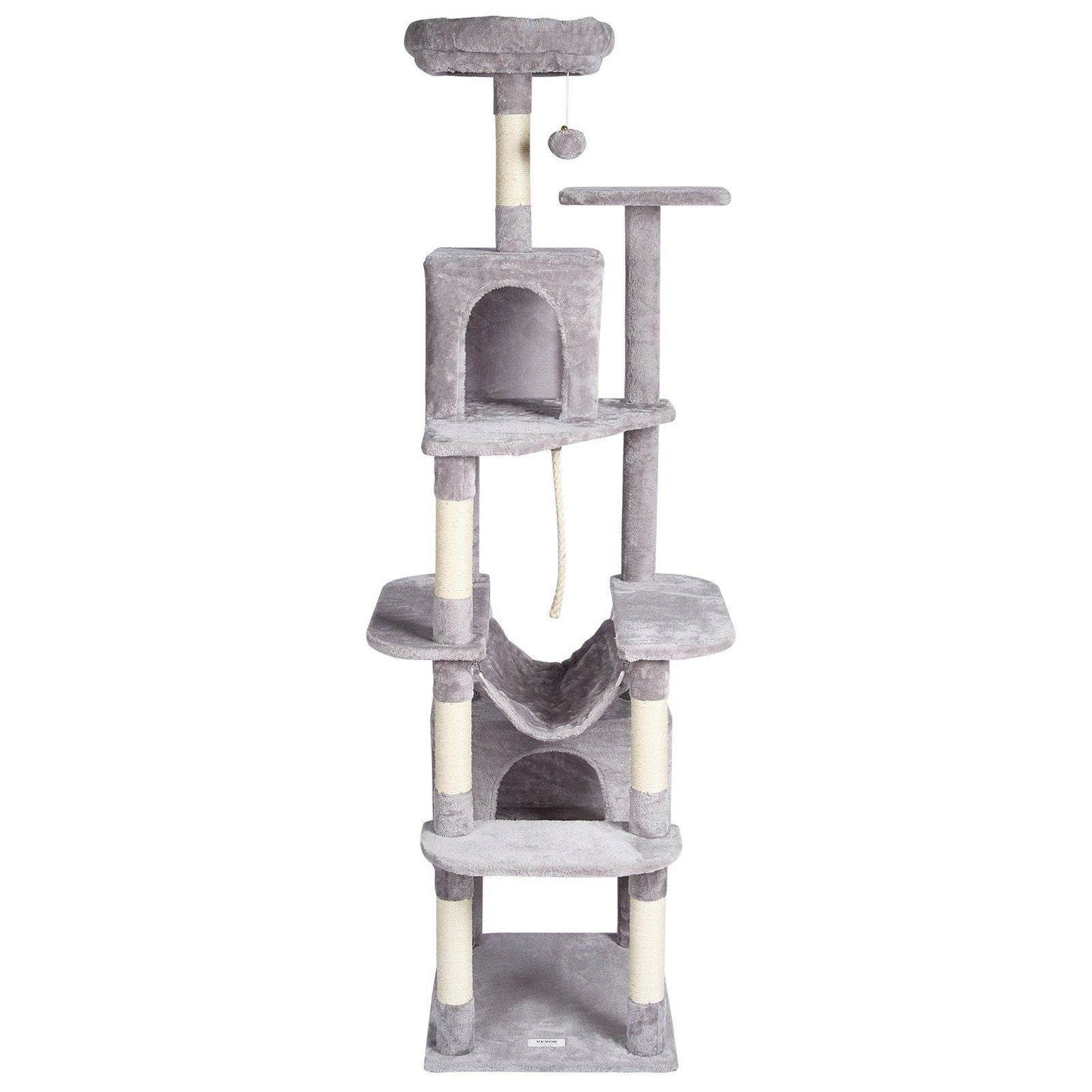 Purrfect Pet Kingdom multi-level cat tree tower in gray with cozy cubbies and hanging toy