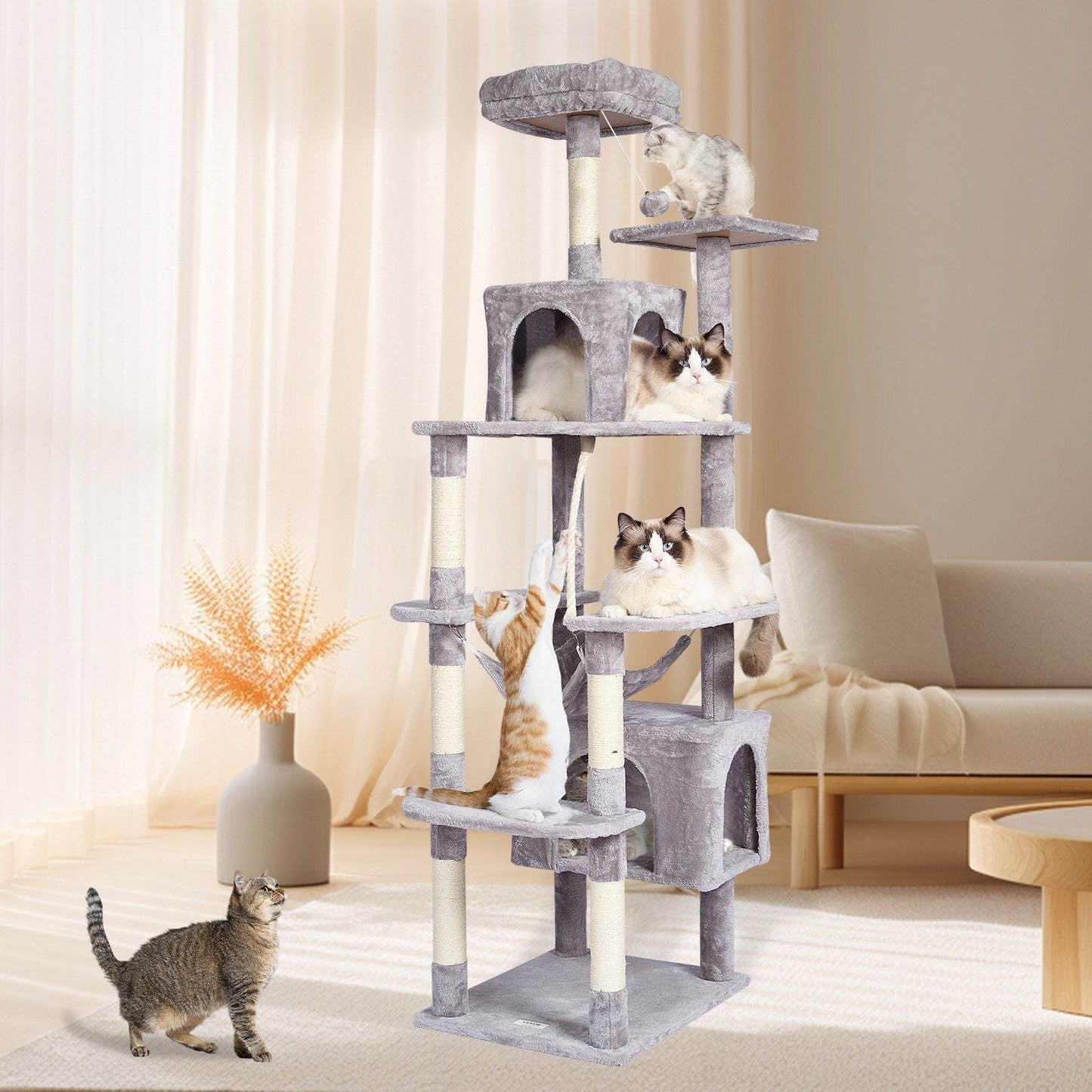 Purrfect Pet Kingdom multi-level cat tree tower in gray with multiple platforms and cats playing
