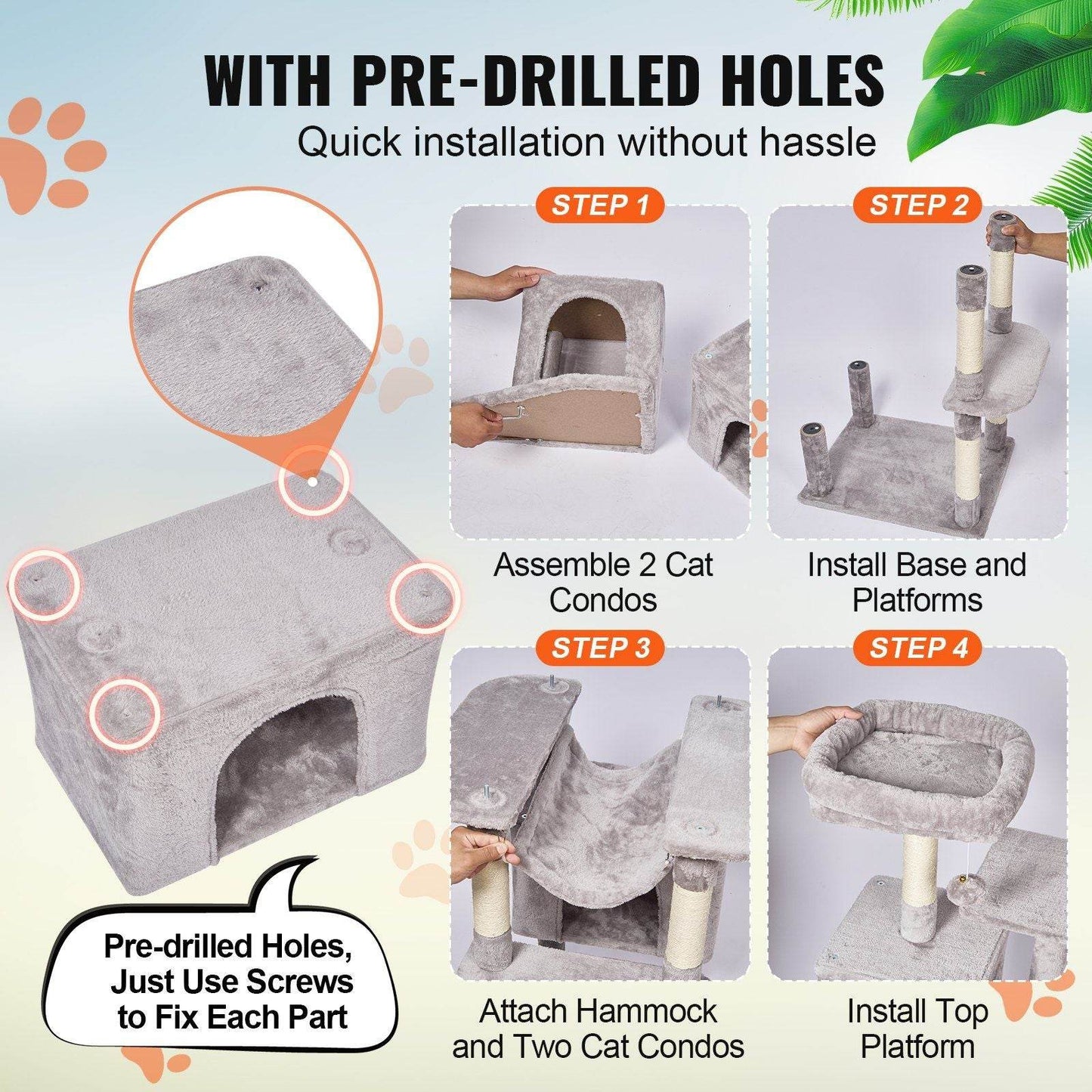 Purrfect Pet Kingdom multi-level cat tree tower with pre-drilled holes for easy assembly and multiple platforms