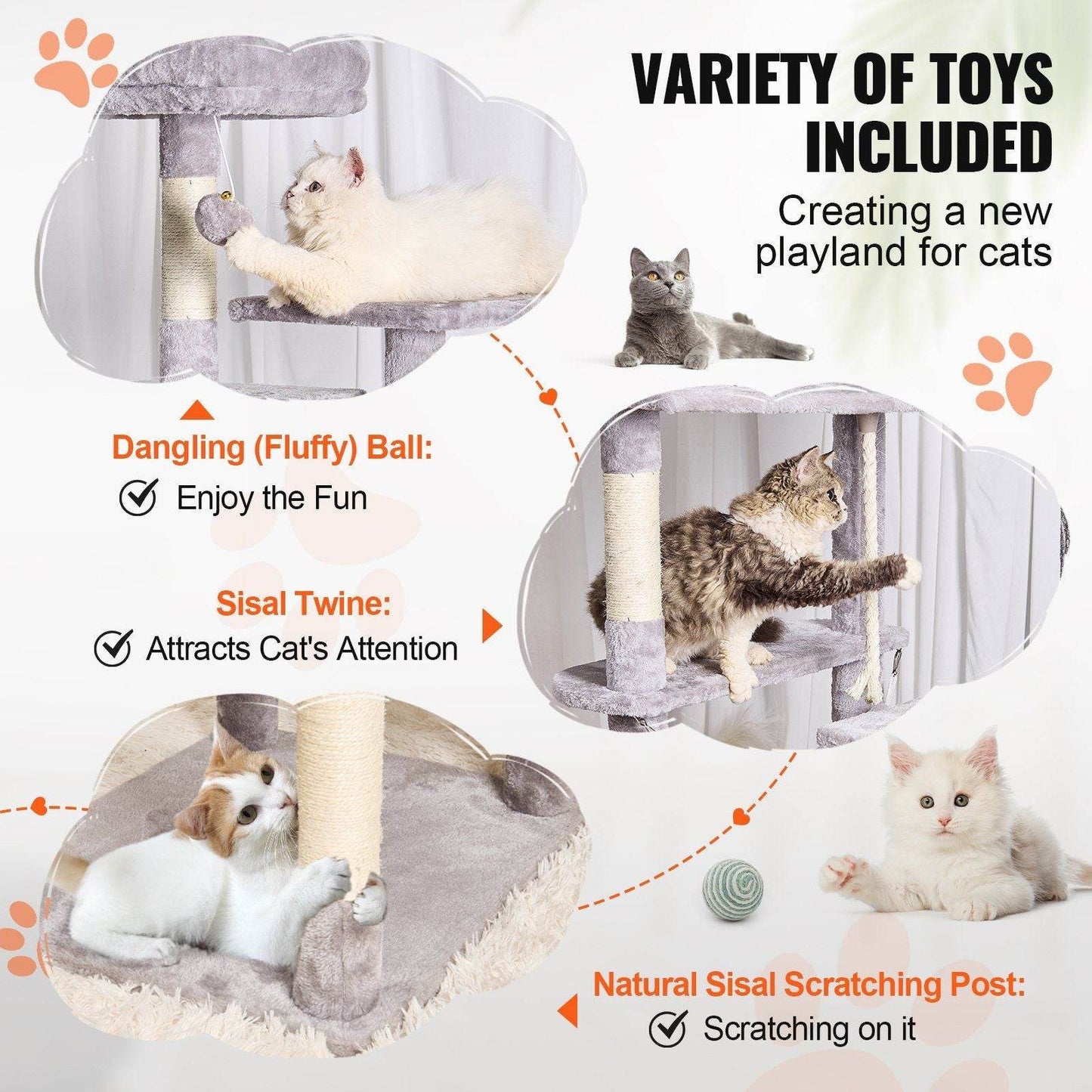 Purrfect Pet Kingdom multi-level cat tree tower with sisal scratching post and dangling fluffy toy for playful cats