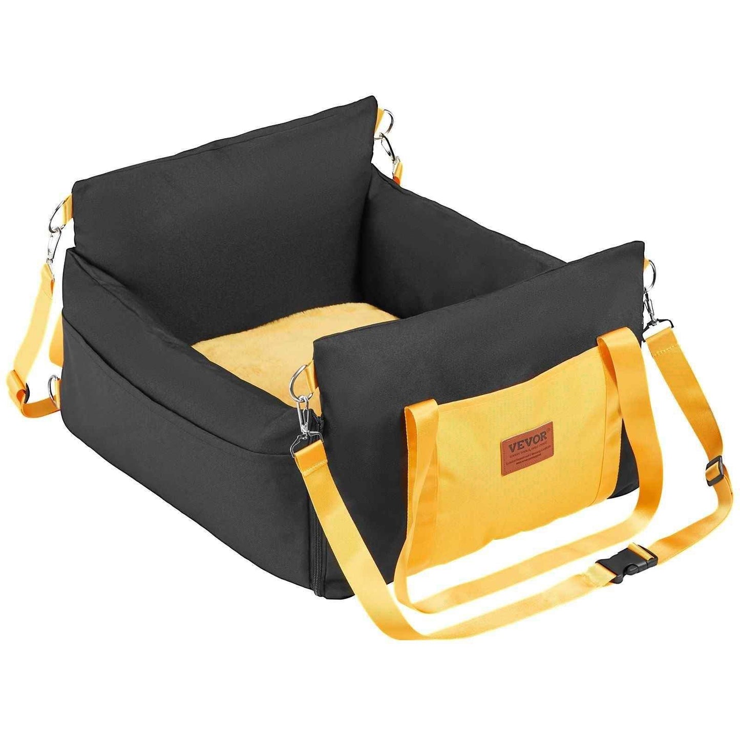 Purrfect Pet Kingdom secure dog travel seat for small pets in black with yellow straps and cushioned interior