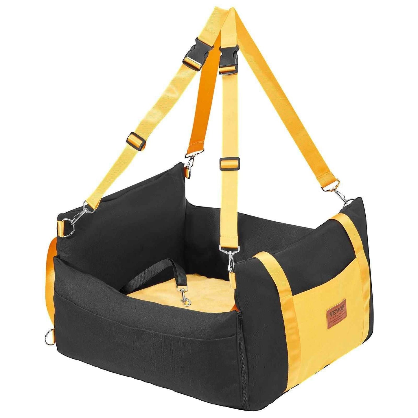 Black and yellow secure dog travel seat for small pets with adjustable straps and padded interior