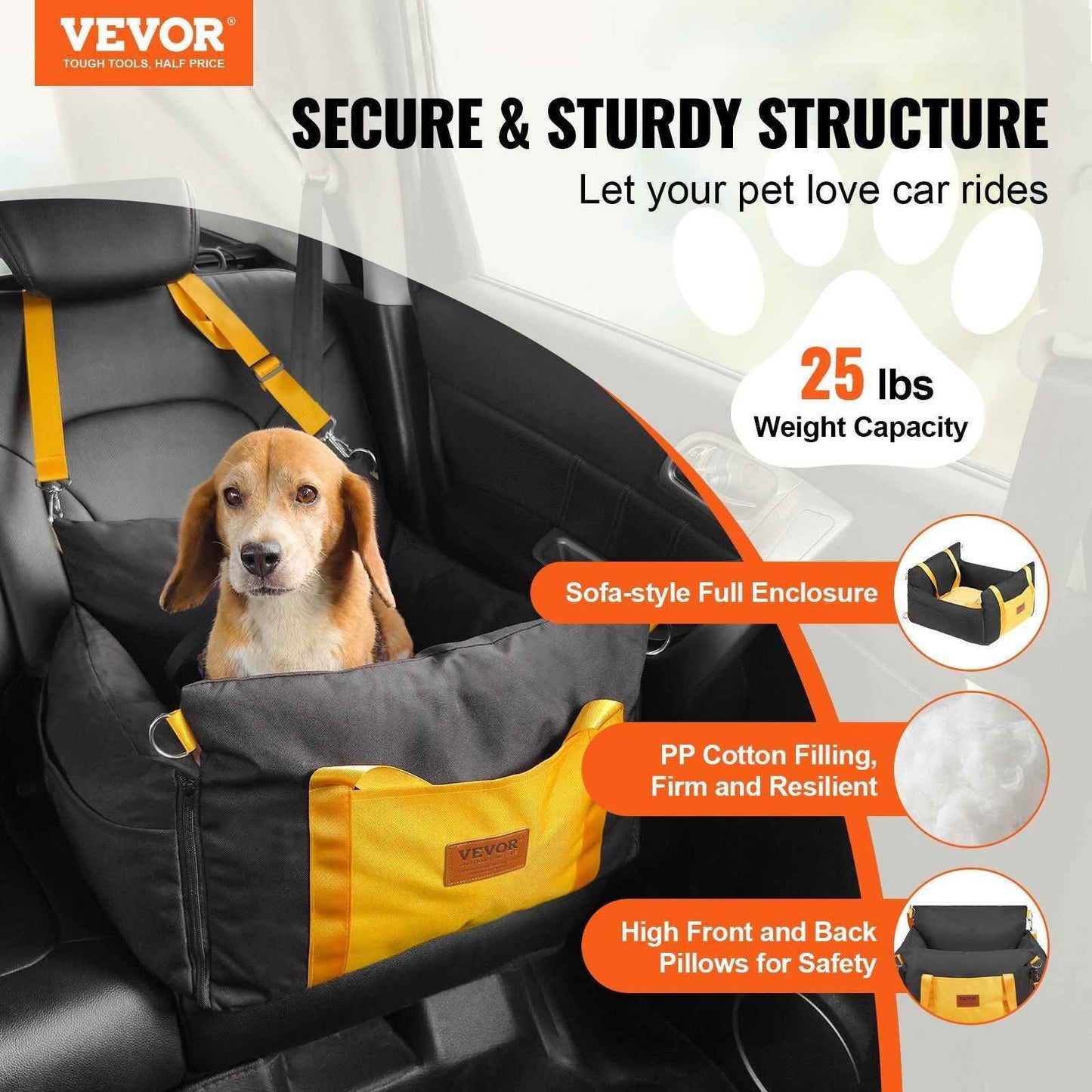 Secure dog travel seat for small pets with sturdy structure and sofa-style full enclosure in a car seat