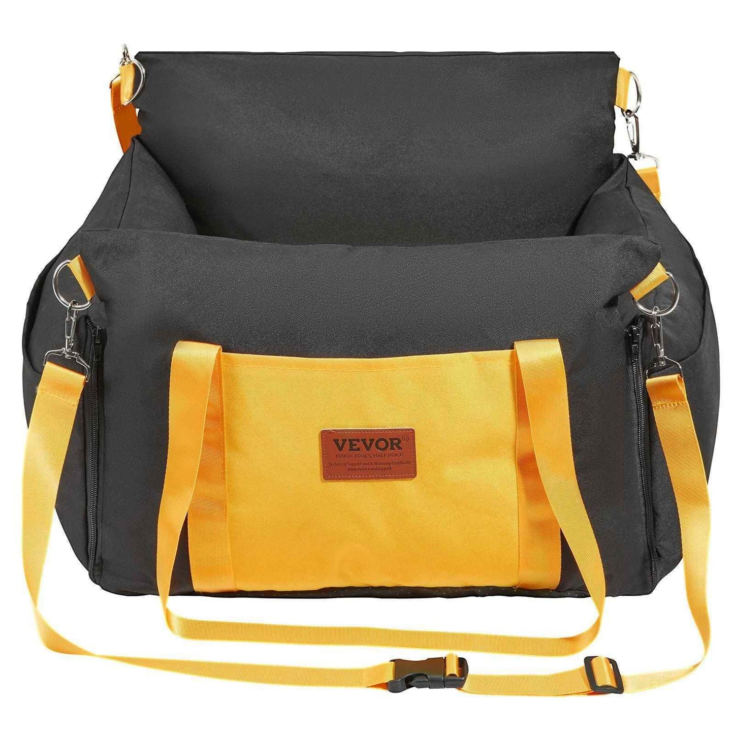 Black and yellow secure dog travel seat for small pets with adjustable straps and sturdy construction