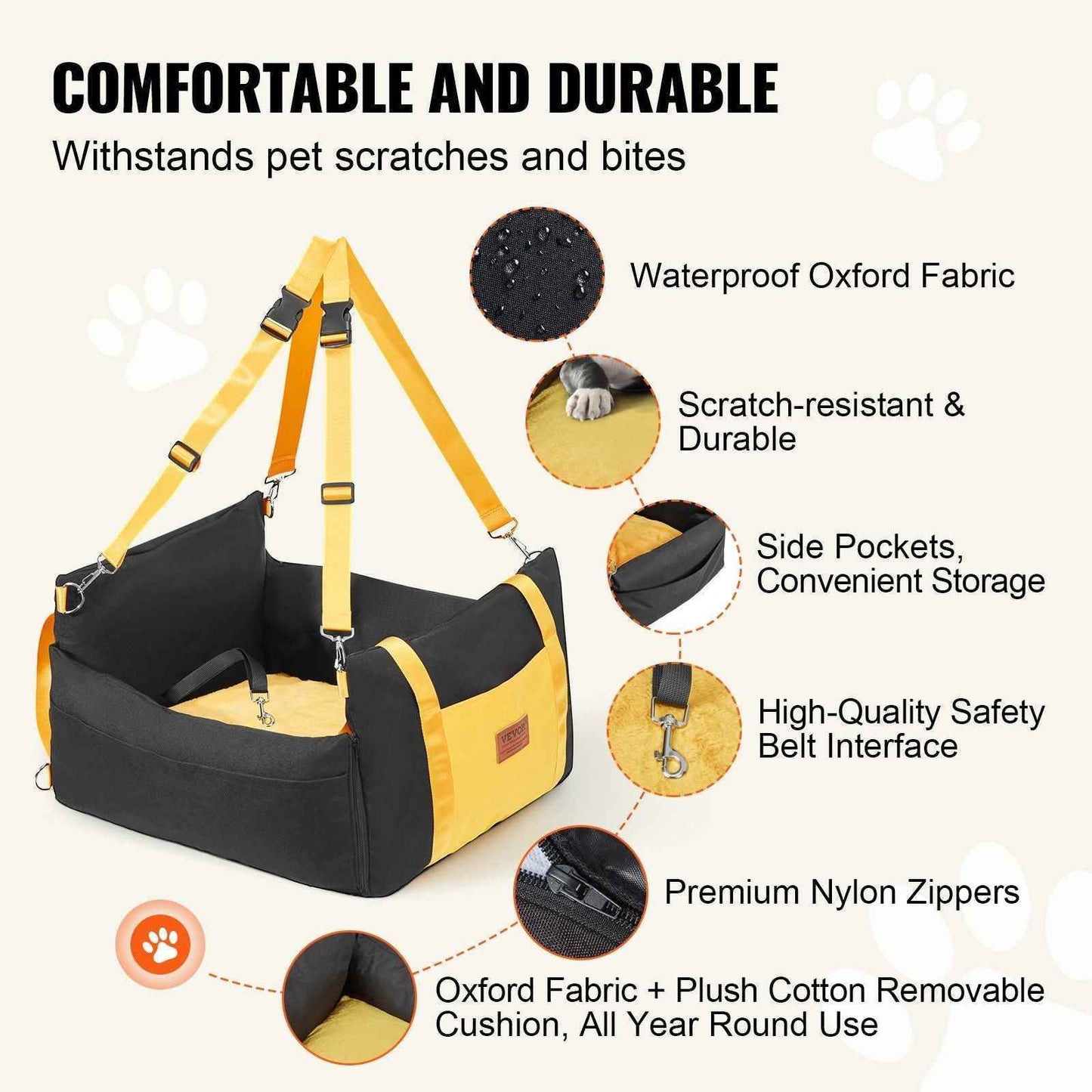 Secure dog travel seat for small pets with waterproof Oxford fabric and safety belt interface