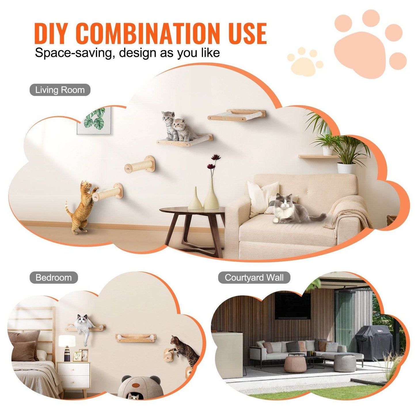 Stylish cat shelves for small spaces mounted in living room, bedroom, and courtyard wall for space-saving play