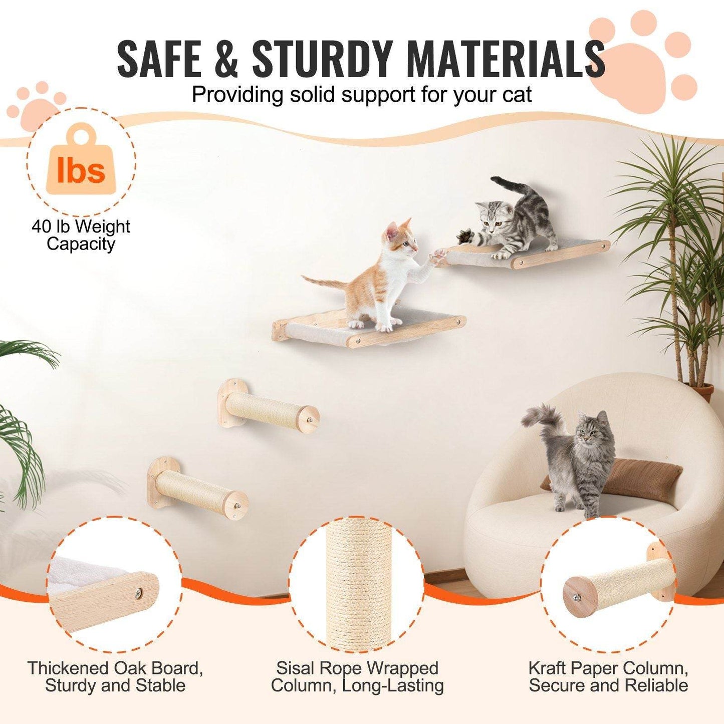 Stylish cat shelves for small spaces mounted on wall with cats playing and sitting, made from sturdy oak and sisal rope
