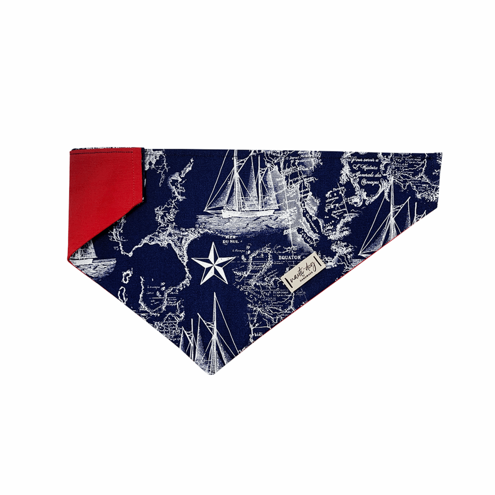 Nauti-dog Handmade vintage navy over the collar dog bandana with sailboat design and red trim