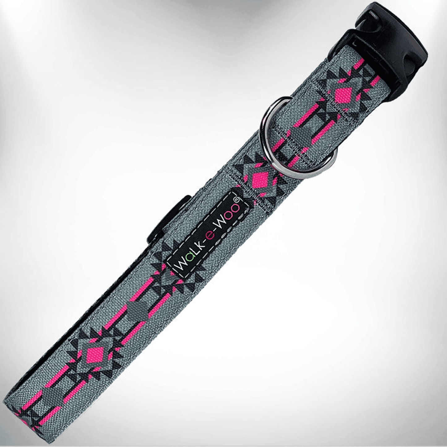 Durable designer dog collar by Purrfect Pet Kingdom with geometric pink and black pattern