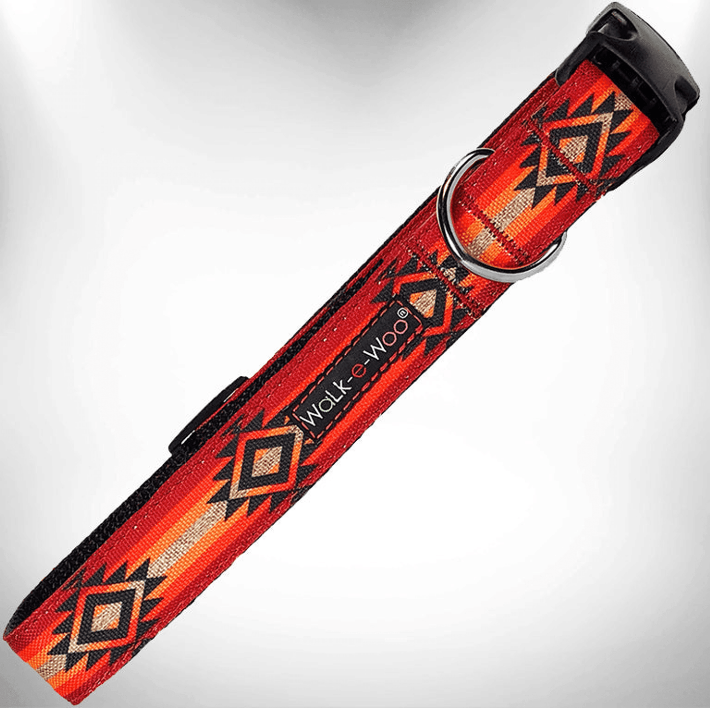Durable designer dog collar by Purrfect Pet Kingdom with red geometric pattern and strong buckle