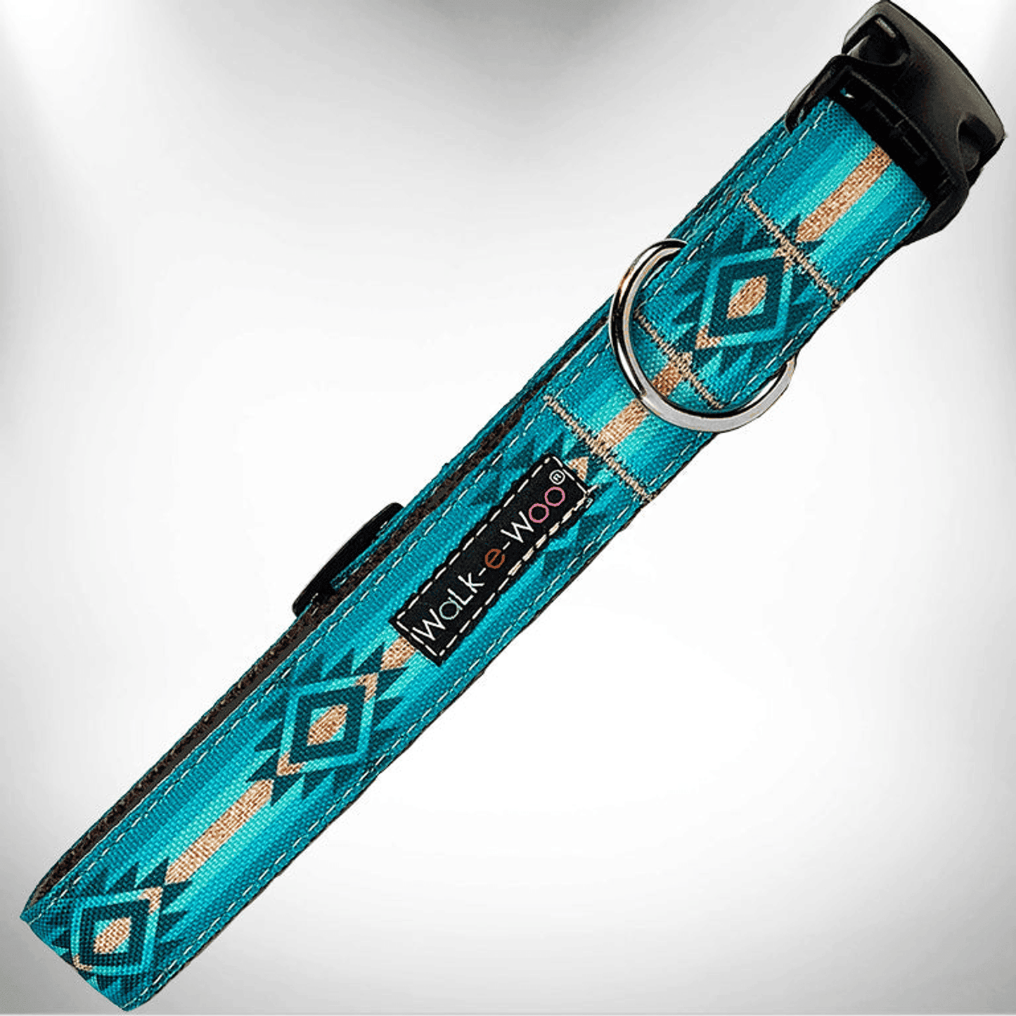 Durable designer dog collar by Purrfect Pet Kingdom in turquoise with geometric pattern and metal ring