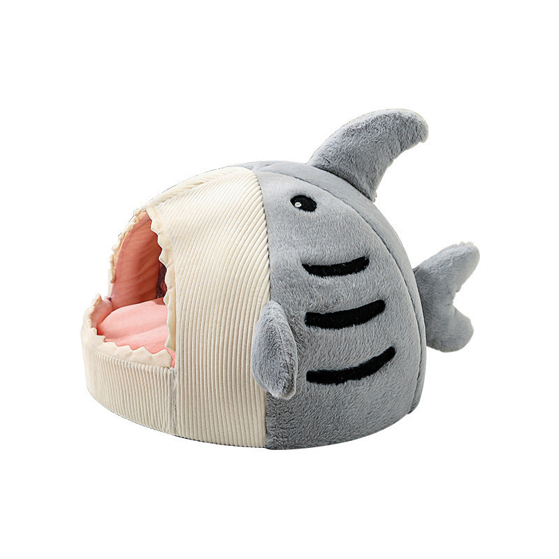 Adorable shark-shaped warm enclosed pet bed for small animals, soft and cozy for comfort