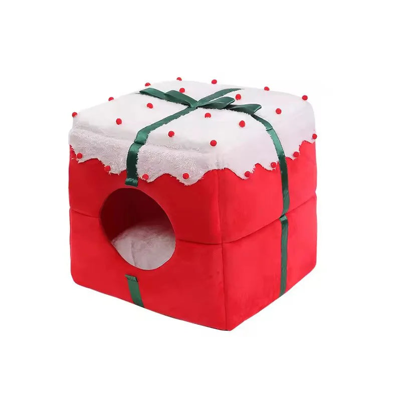 Tail Chasers warm holiday cat house designed like a festive gift box for cozy cat napping