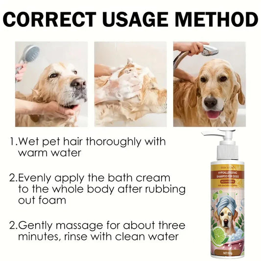 Neutral scent pet shampoo for sensitive skin in a pump bottle with usage instructions for bathing dogs