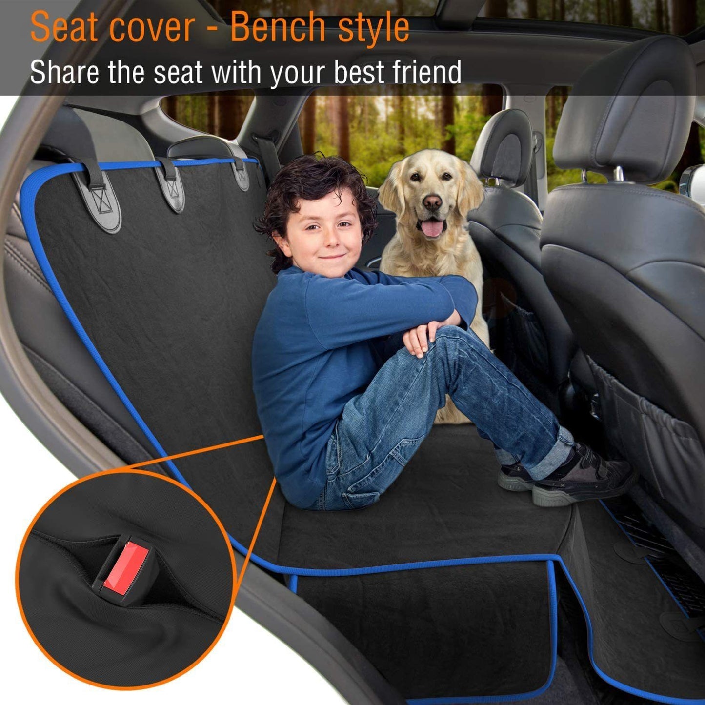 Wear resistant pet car mat bench style seat cover protecting backseat with child and dog sitting together