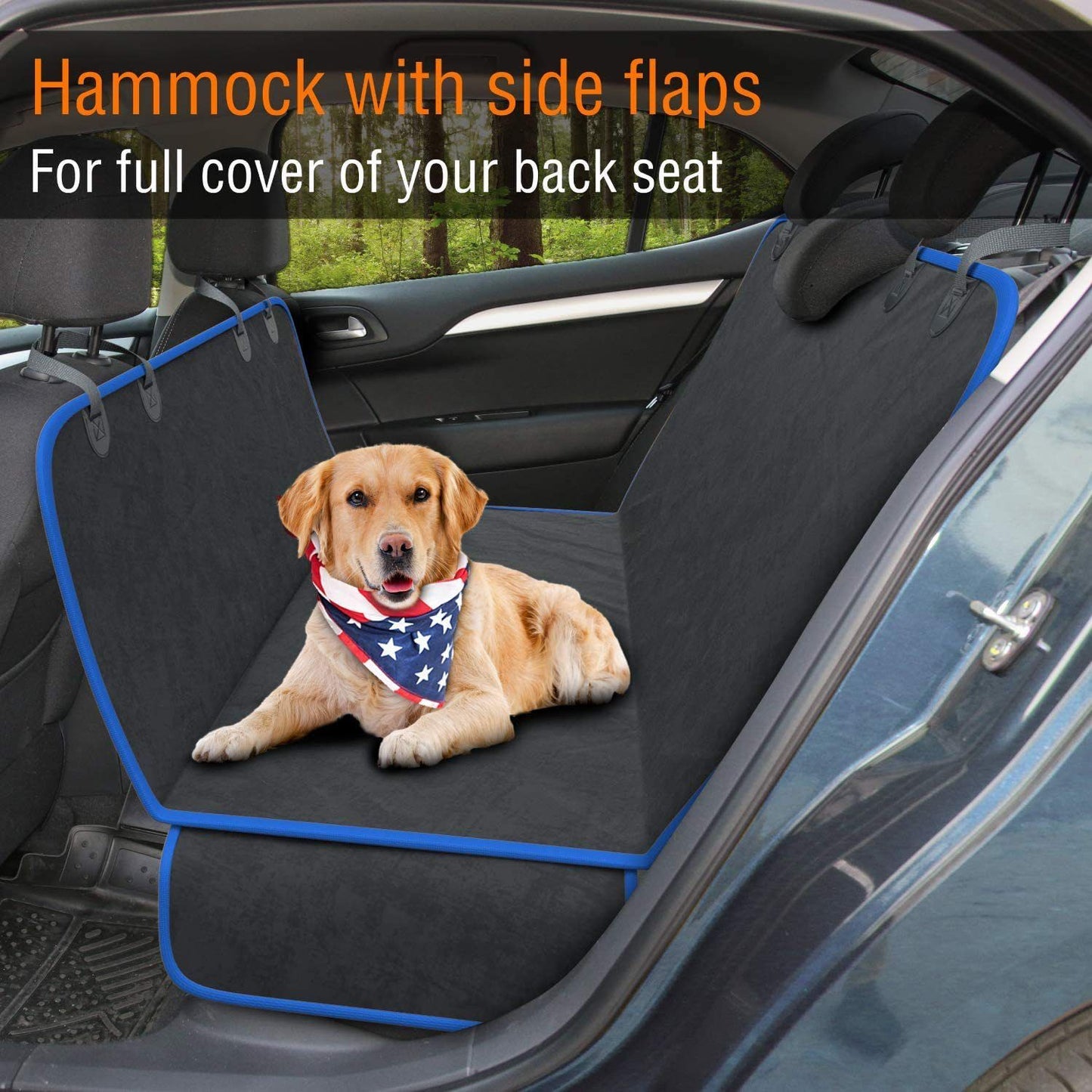 Wear resistant pet car mat hammock with side flaps covering back seat and golden retriever dog inside