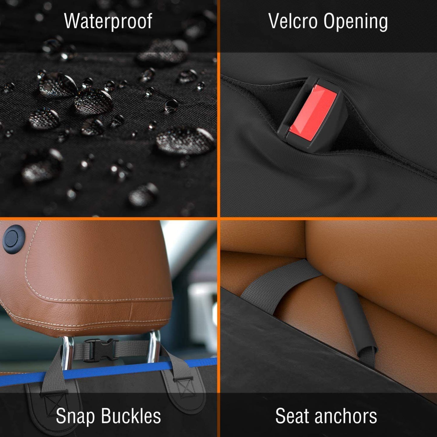Wear resistant pet car mat showing waterproof surface velcro opening snap buckles and seat anchors