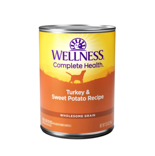 Wellness Adult Turkey and Sweet Potato Wet Dog Food by The Family Pet, 12.5oz can, featuring a colorful label and nutritio...