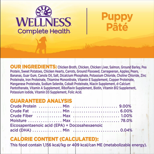 Wellness puppy wet dog food from The Family Pet featuring chicken and salmon in a complete formula
