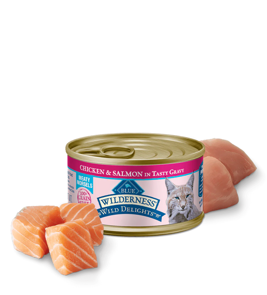 Blue Buffalo Wilderness Wild Delights Adult Chicken and Salmon Entree Wet Cat Can (3oz) - Wet Cat Food - The Family Pet