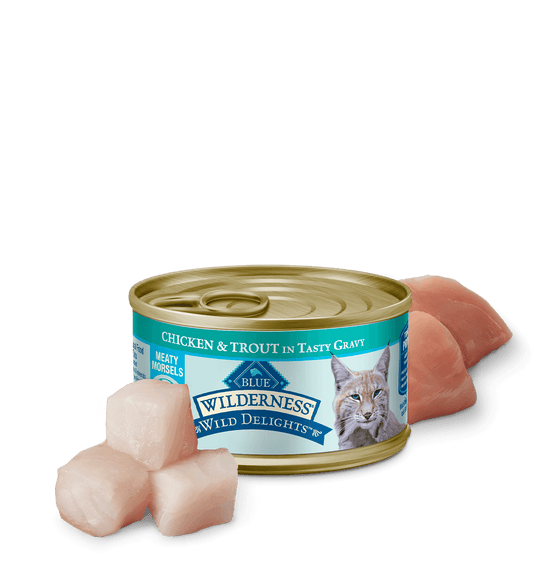 Blue Buffalo Wilderness Wild Delights Adult Chicken and Trout Entree Wet Cat Can (3oz) - Blue Buffalo Wet Cat Food - The Family Pet