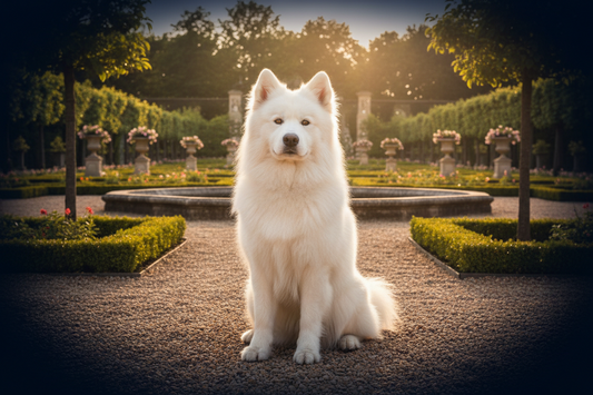 7 Bespoke Training Techniques — A regal, well-groomed dog in perfect obedience position in a sun-drenched luxury estate garden. Composed and distinguished.