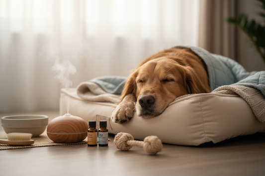 Calm dog resting peacefully showing anxiety relief through calming products and behavior solutions
