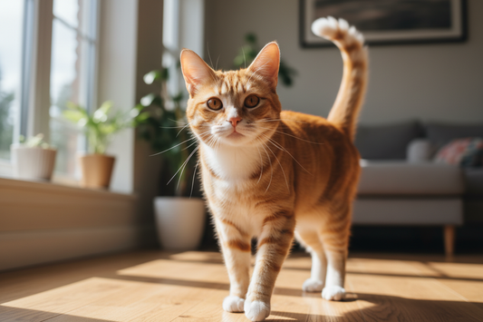Cat showing clear body language with ears forward and tail up demonstrating feline communication and behavior