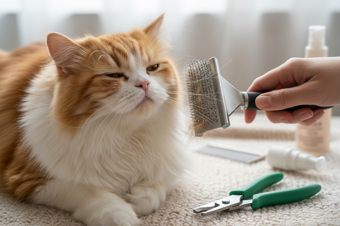 Long-haired cat being brushed showing grooming essentials including brushing bathing and nail care