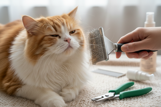 Long-haired cat being brushed showing grooming essentials including brushing bathing and nail care