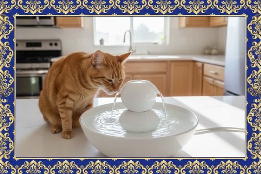 Cat drinking from a premium water fountain to support kidney health at Purrfect Pet Kingdom