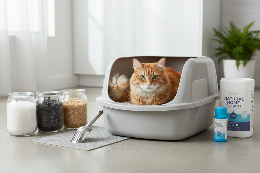 Cat using clean litter box showing different litter types benefits and best choices for cats